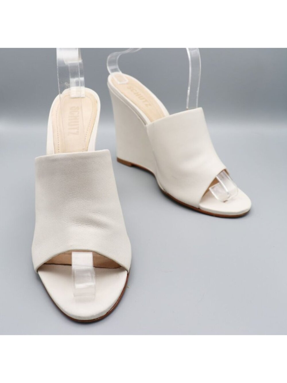 SCHUTZ Ivory Leather Peep-Toe Wedge Mules Size 10B